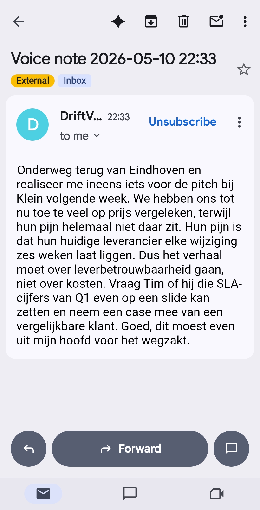 Email from DriftVoice with subject Voice note 2026-05-10 22:33 and the transcribed body of a spoken note about a sales pitch