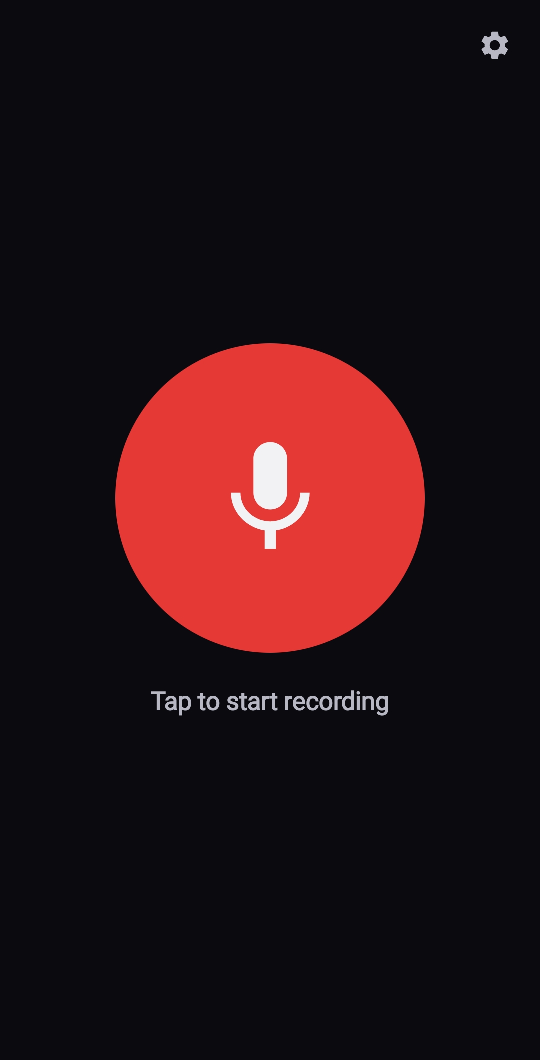 DriftVoice idle screen with a large red microphone button labelled Tap to start recording