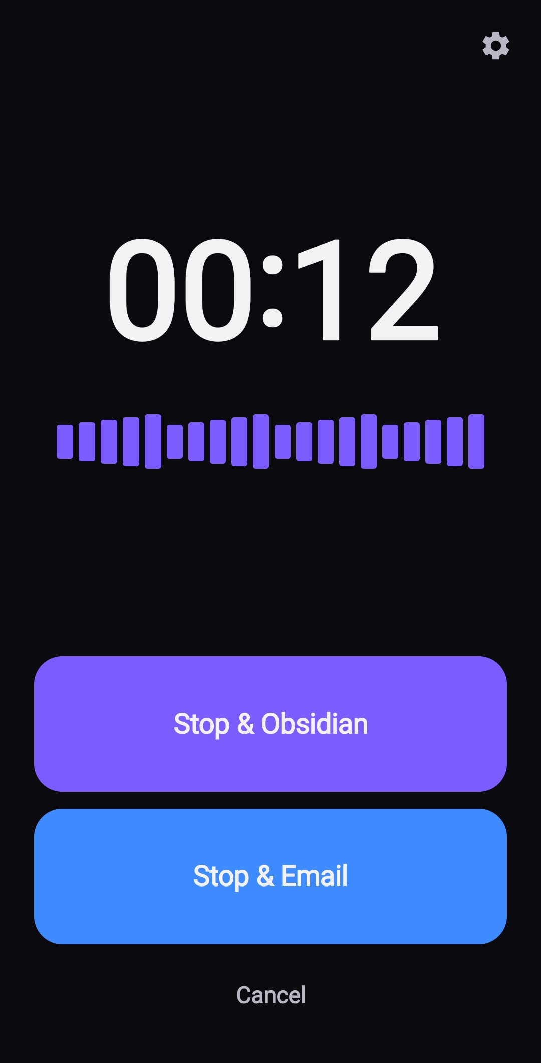 DriftVoice while recording: timer at 00:12, a purple audio waveform, and Stop and Obsidian, Stop and Email and Cancel buttons